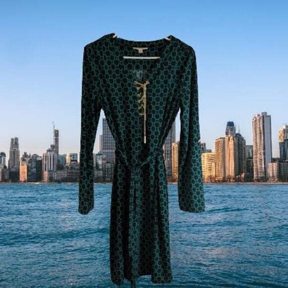 Spense 8 adjustable long sleeve Navy and teal polyester blend stretch dress. - Picture 1 of 1